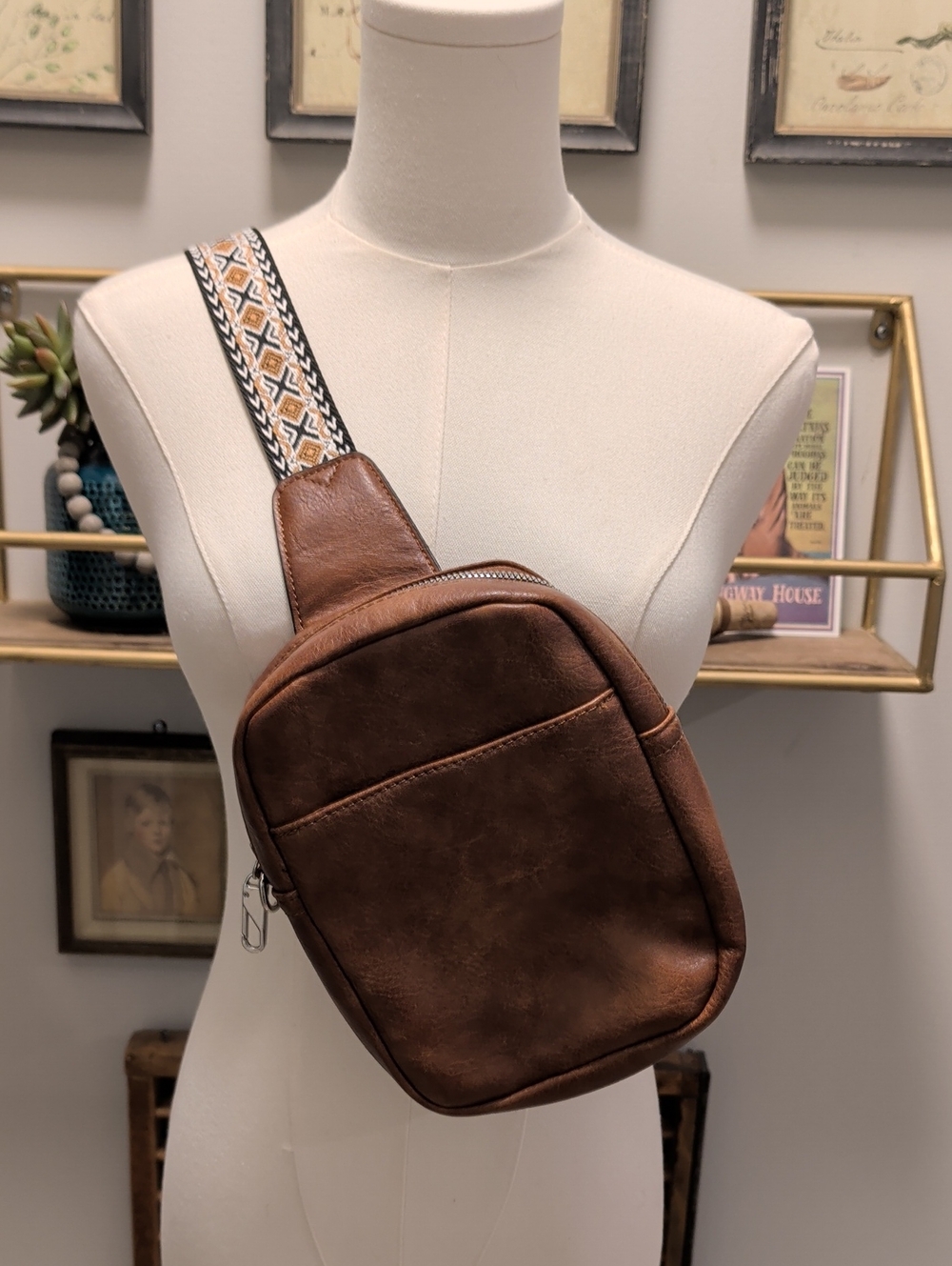 Brown Faux Leather Crossbody Bag with Patterned Adjustable Strap